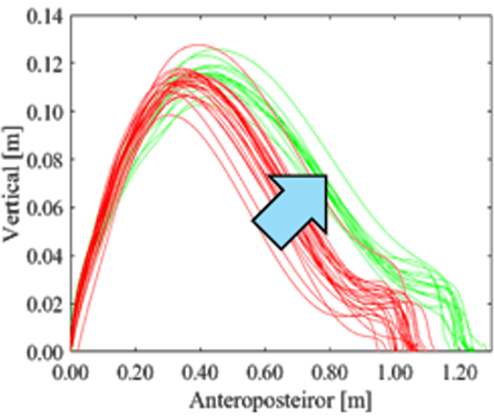 ストライド長、足上げの高さの増大を示すグラフ